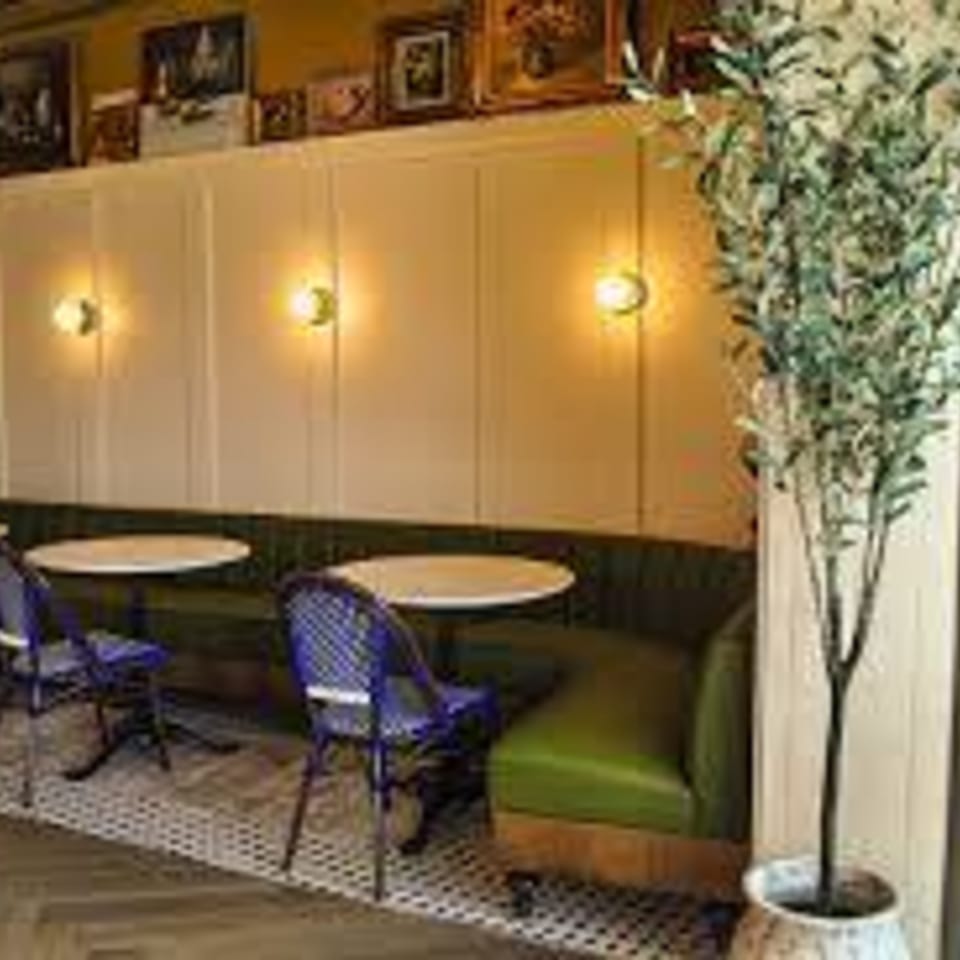 A'mano Fresh Pasta Kitchen's dining area with green booths, white tables, blue chairs, and potted olive tree.