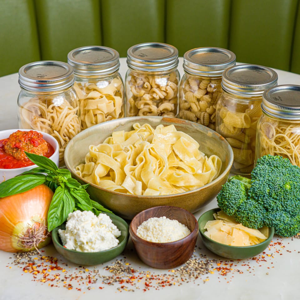 Fresh pasta ingredients including various dry pasta in jars, fresh pasta, sauce, and vegetables.